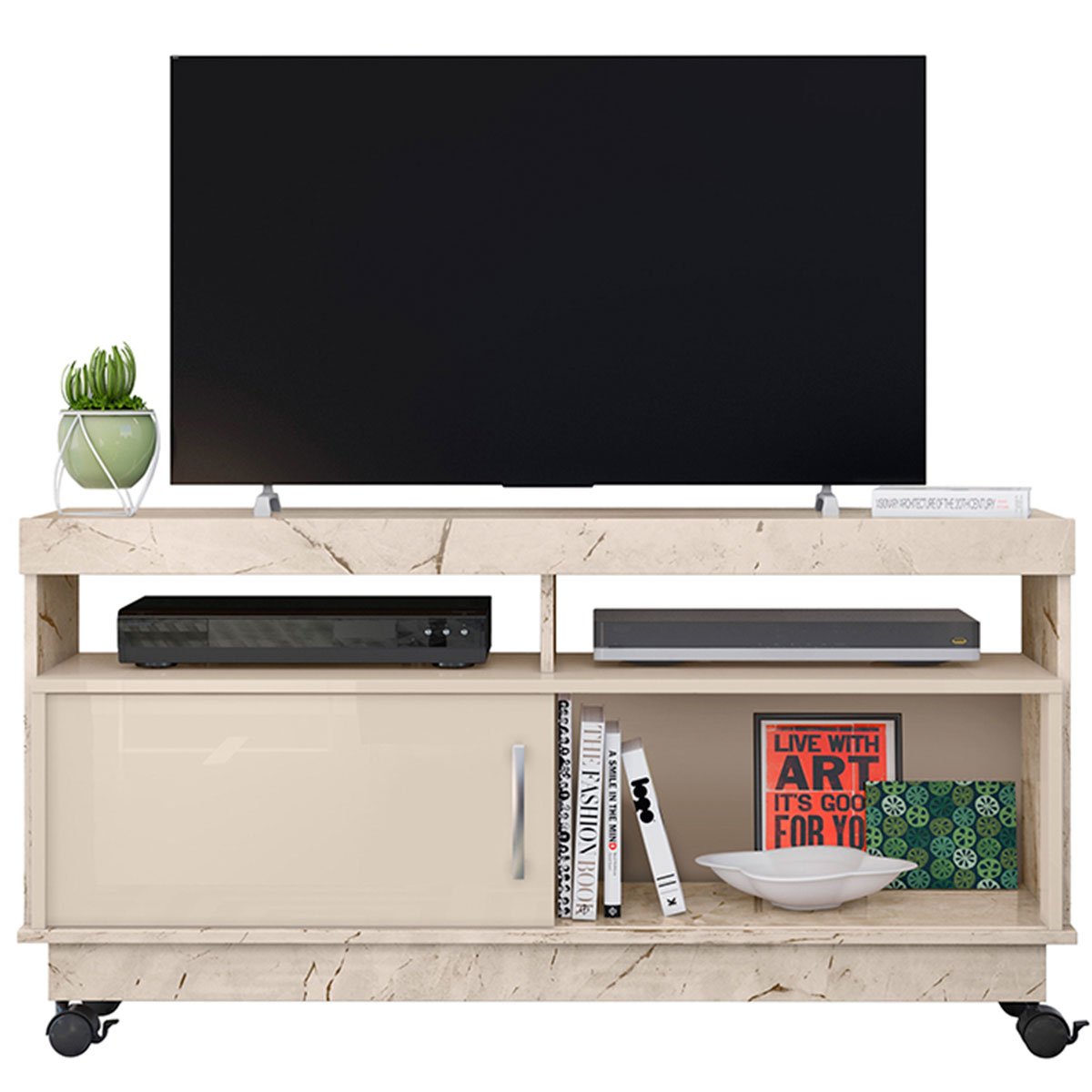 Rack Bancada Abel 1 Porta de Correr Para Tv de 50" Polegadas Calacata/Off White