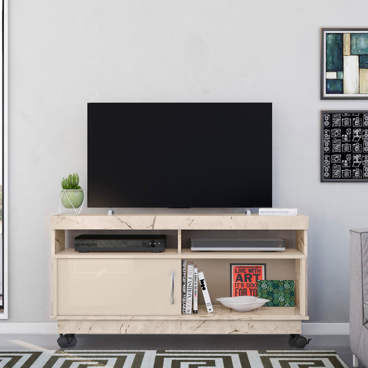 Rack Bancada Abel 1 Porta de Correr Para Tv de 50" Polegadas Calacata/Off White