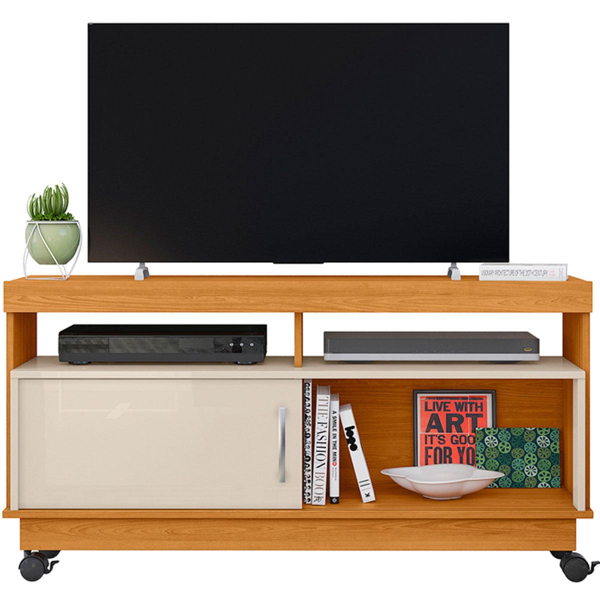 Rack Bancada Abel 1 Porta de Correr Para Tv de 50" Polegadas Cinamomo/Off White