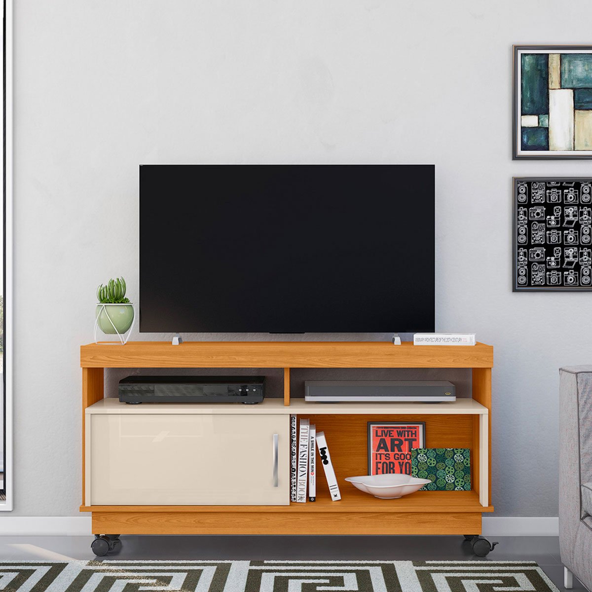 Rack Bancada Abel 1 Porta de Correr Para Tv de 50" Polegadas Cinamomo/Off White