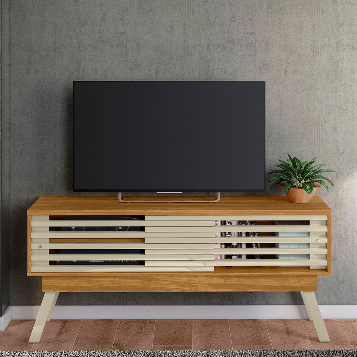 Rack Bancada Foz 1.5 2 Portas Pé Palito TV até 65 Polegadas Cumaru/Opala