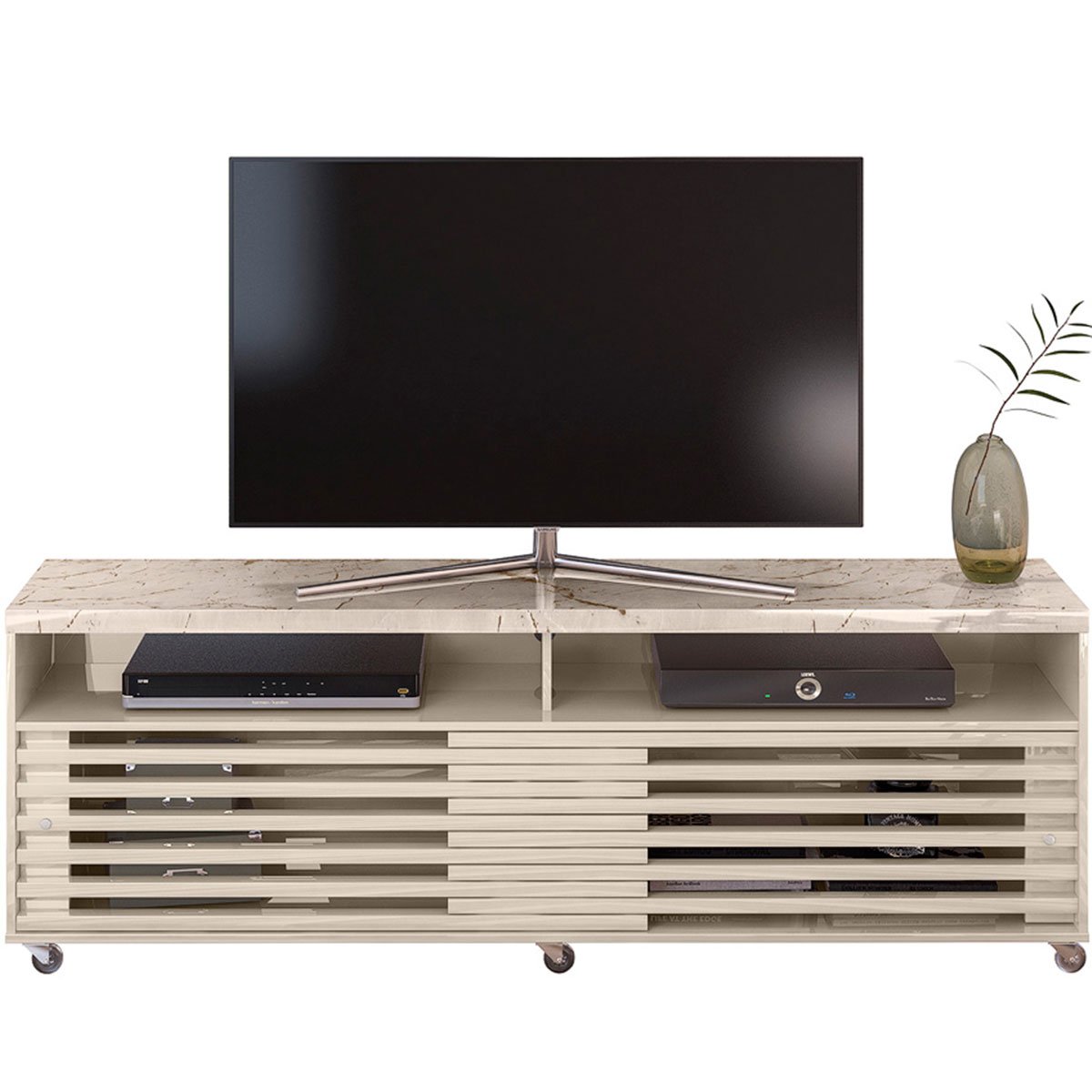 Rack Bancada Foz 2 Portas Rodízios TV até 75 Polegadas  Calacata/Off White