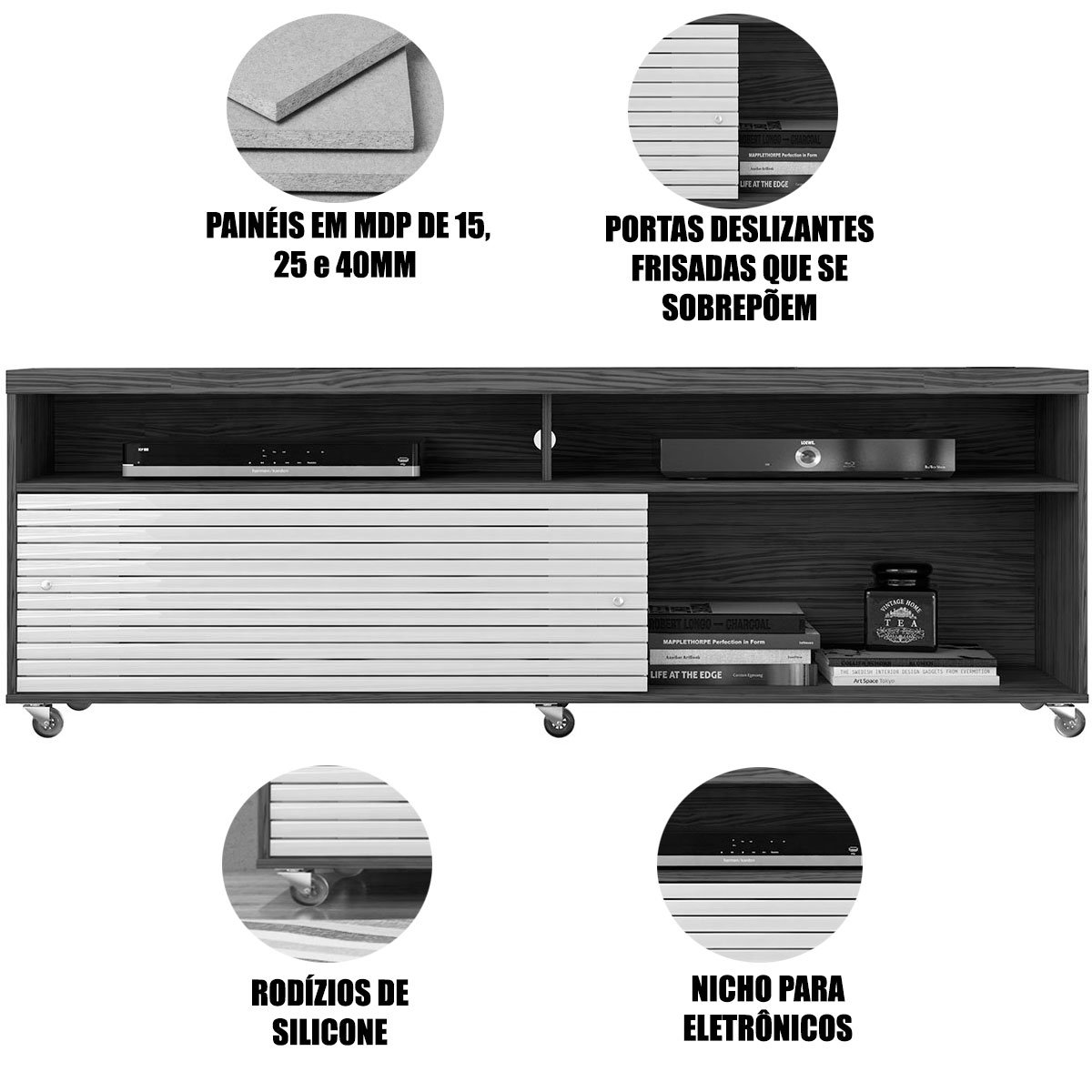 Rack Bancada Foz 2 Portas Rodízios TV até 75 Polegadas  Calacata/Off White