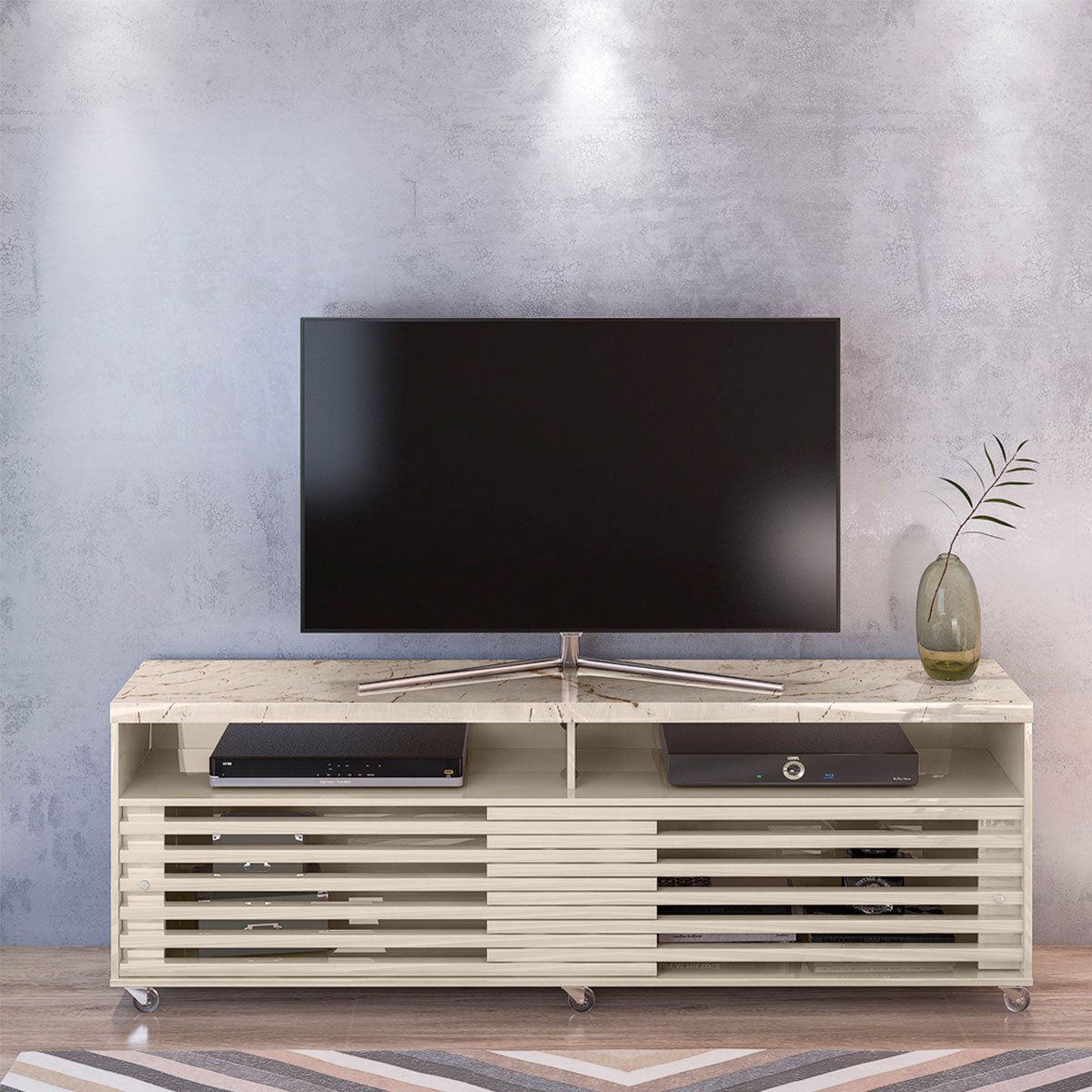 Rack Bancada Foz 2 Portas Rodízios TV até 75 Polegadas  Calacata/Off White