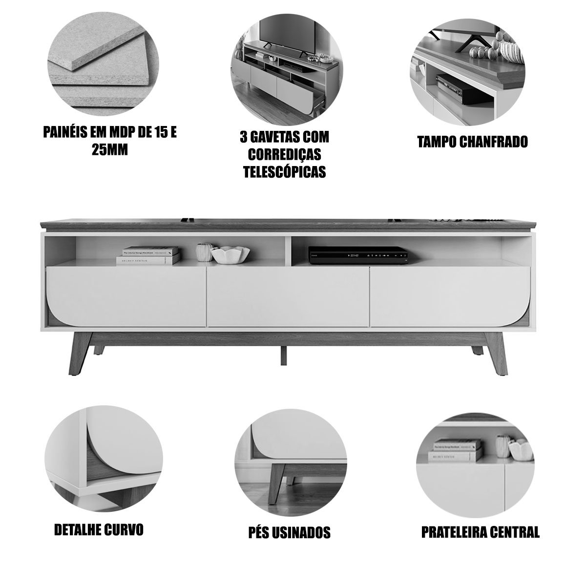 Rack Bancada Serena 3 Gavetas Para Tv de 75" Polegadas Cinamomo/Off White