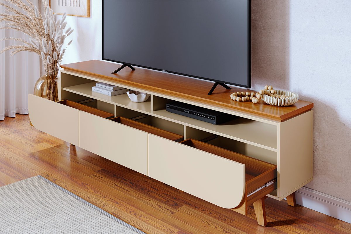 Rack Bancada Serena 3 Gavetas Para Tv de 75" Polegadas Cinamomo/Off White