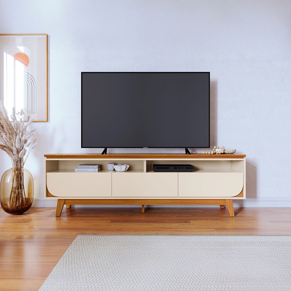Rack Bancada Serena 3 Gavetas Para Tv de 75" Polegadas Cinamomo/Off White