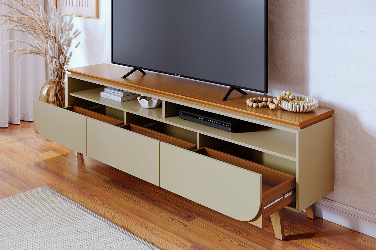 Rack Bancada Serena 3 Gavetas Para Tv de 75" Polegadas Cumaru/Opala