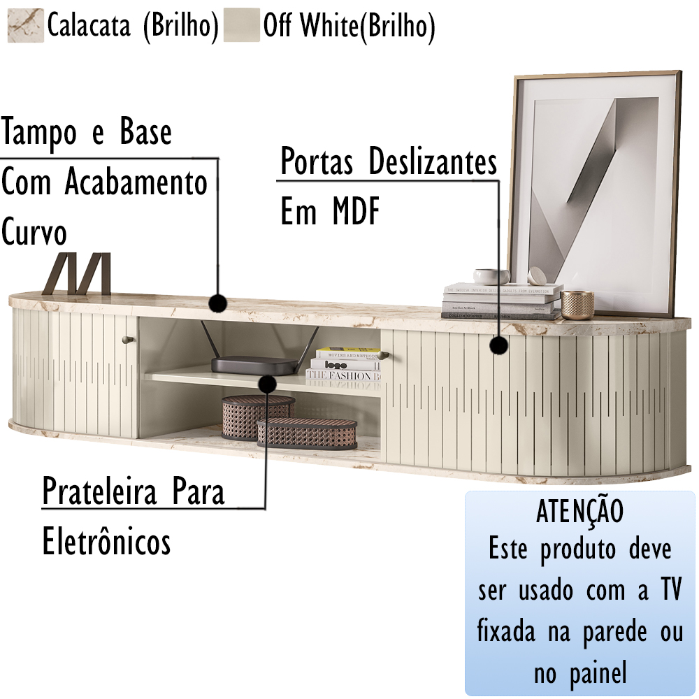 Rack Bancada Suspensa 183 cm TV 75 Pol 2891 Calacata Off White MDT