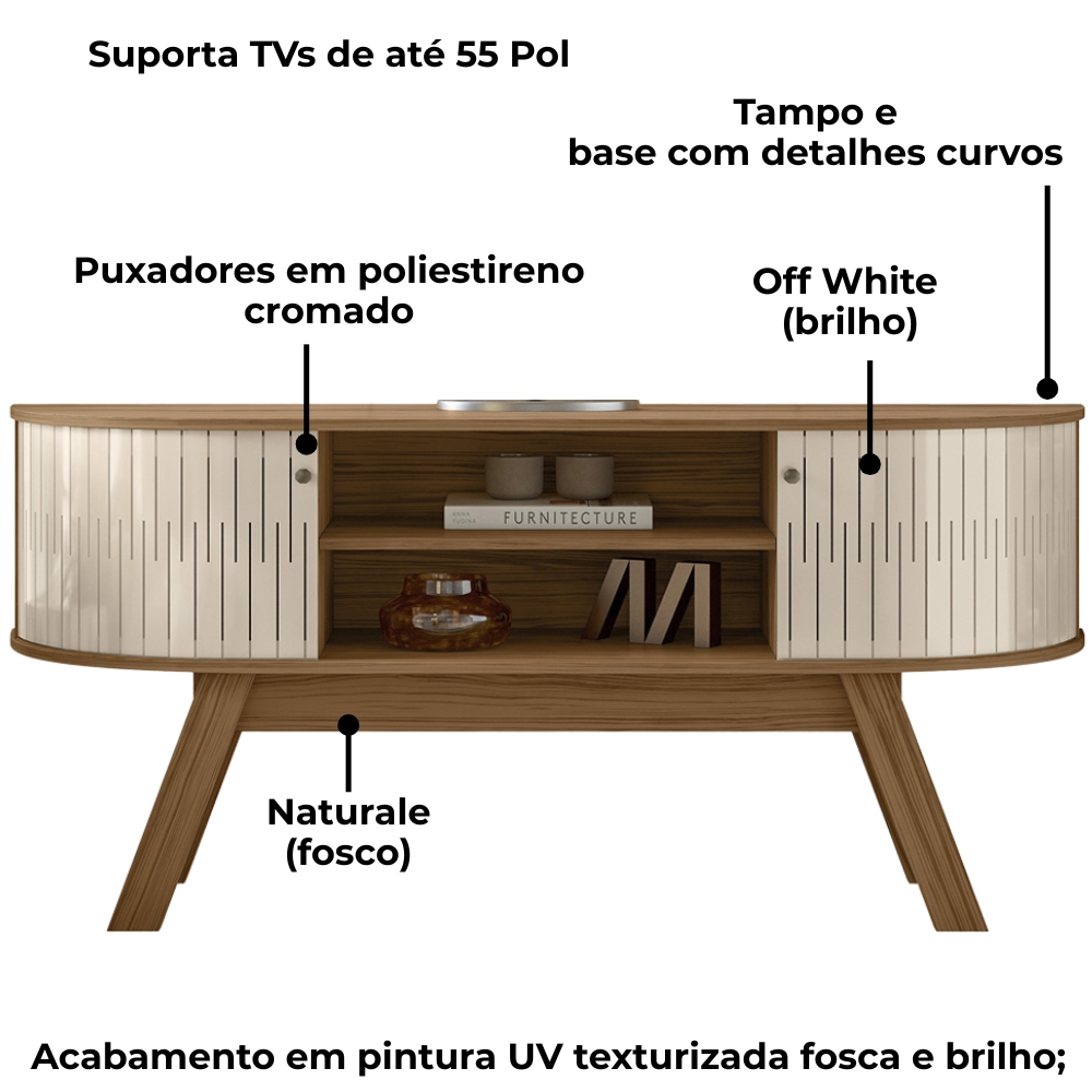 Rack Bancada Tv 55 Pol 136 cm Atlanta Naturale Off White Madetec