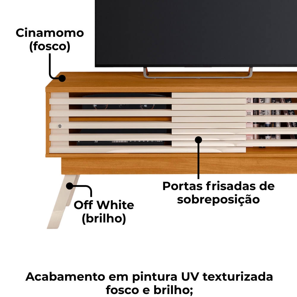 Rack Bancada Tv 65 Pol 150 cm 2 Portas Frizz Cinamomo Off White MADETEC  