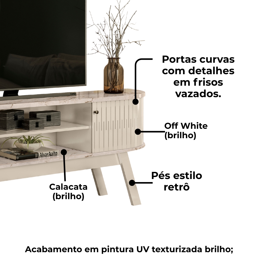 Rack Bancada Tv 75 Pol 2P 183 cm Valencia Calacata Off White MADETEC