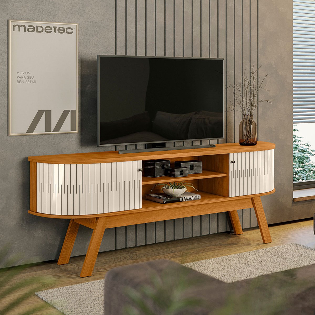 Rack Bancada Venezza 2 Portas Para Tv de 75" Polegadas Cinamomo/Off White