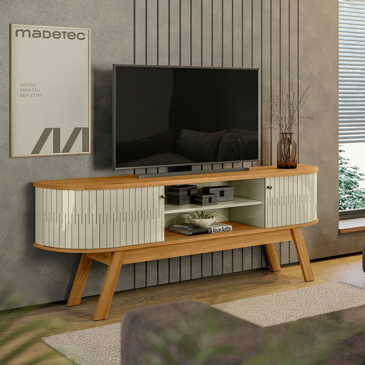 Rack Bancada Venezza 2 Portas Para Tv de 75" Polegadas Cumaru/Opala