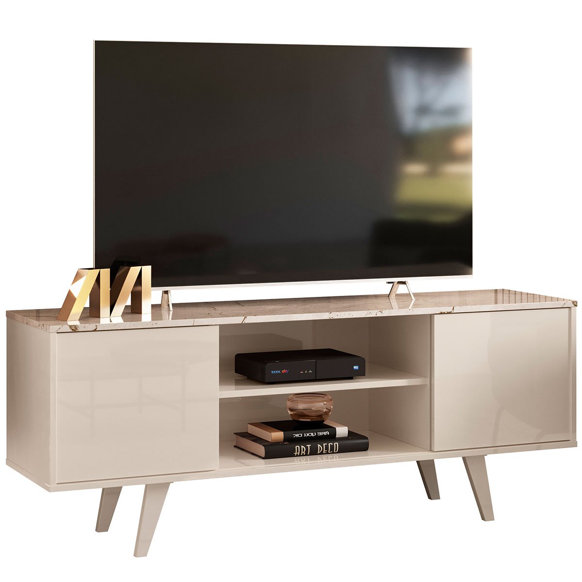 Rack Bancada para Tv 55" com 2 Portas e 1 Prateleira Líbano Calacata/Off White