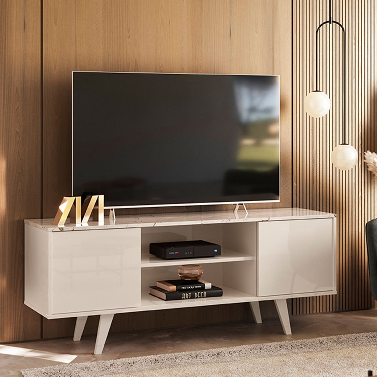 Rack Bancada para Tv 55" com 2 Portas e 1 Prateleira Líbano Calacata/Off White
