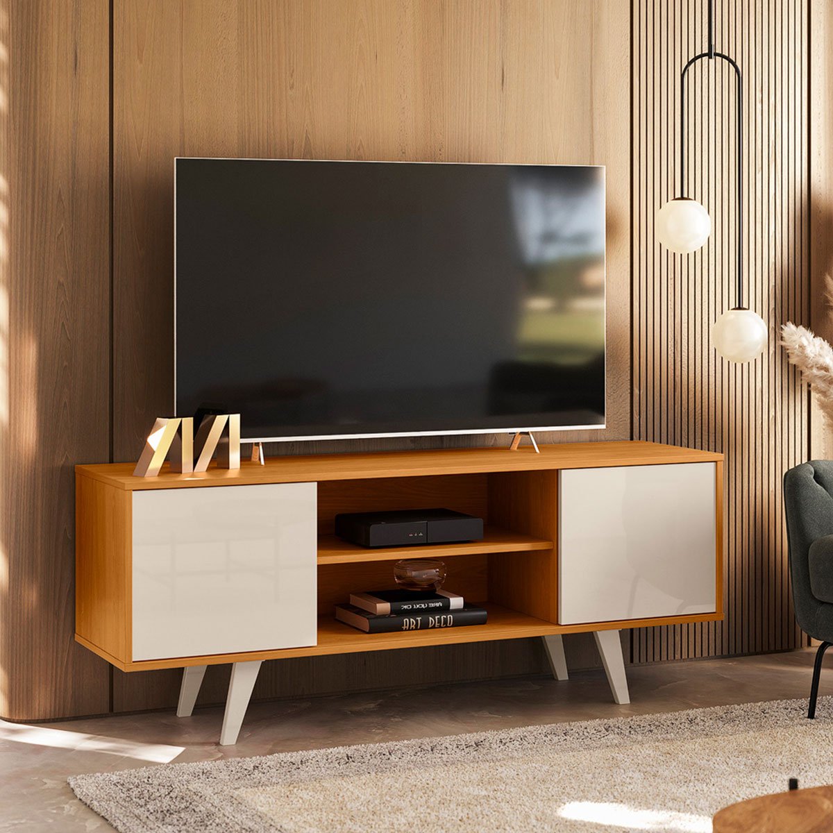 Rack Bancada para Tv 55" com 2 Portas e 1 Prateleira Líbano Cinamomo/Off White