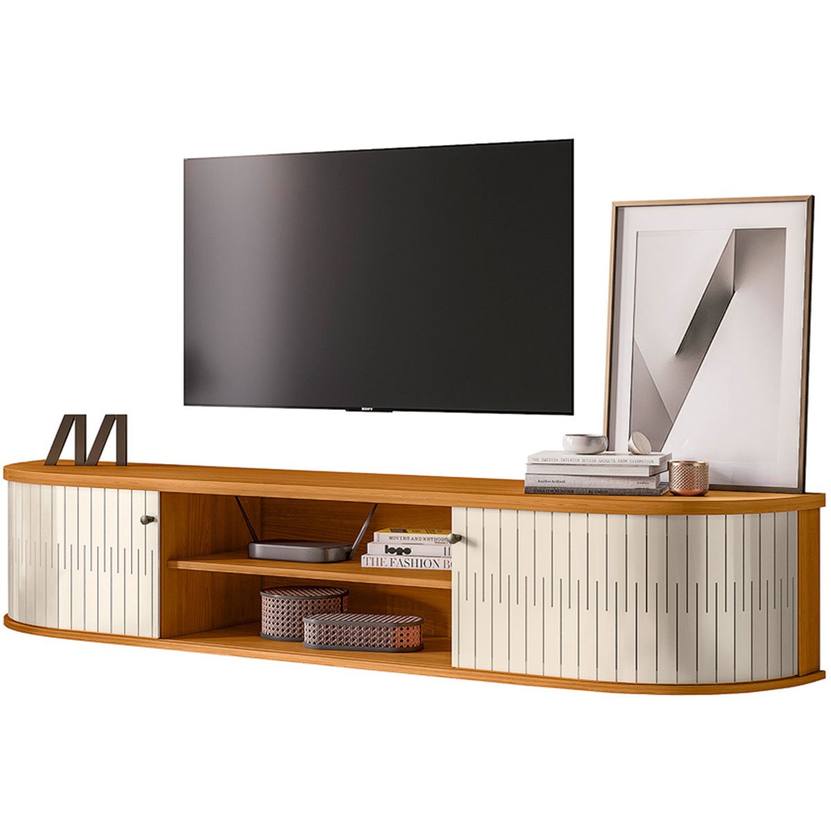 Rack Suspenso 2 Portas Faro Para Tv de 75" Polegadas Cinamomo/Off White