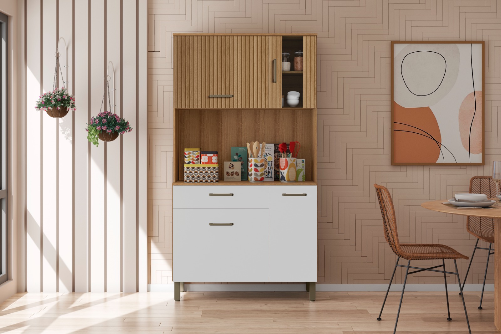 Armário De Cozinha Multiuso Branco Espaçoso Com 4 Portas e Cristaleira Luxo Vp