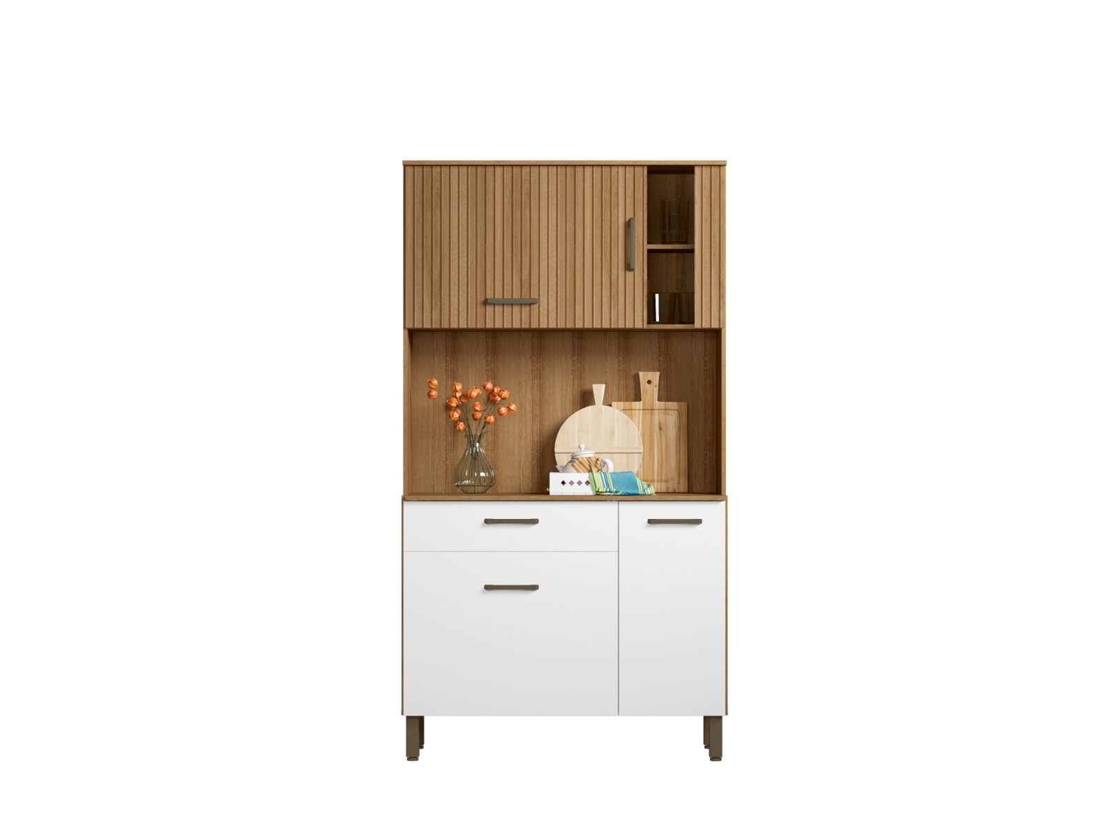 Armário De Cozinha Multiuso Branco Espaçoso Com 4 Portas e Cristaleira Luxo Vp