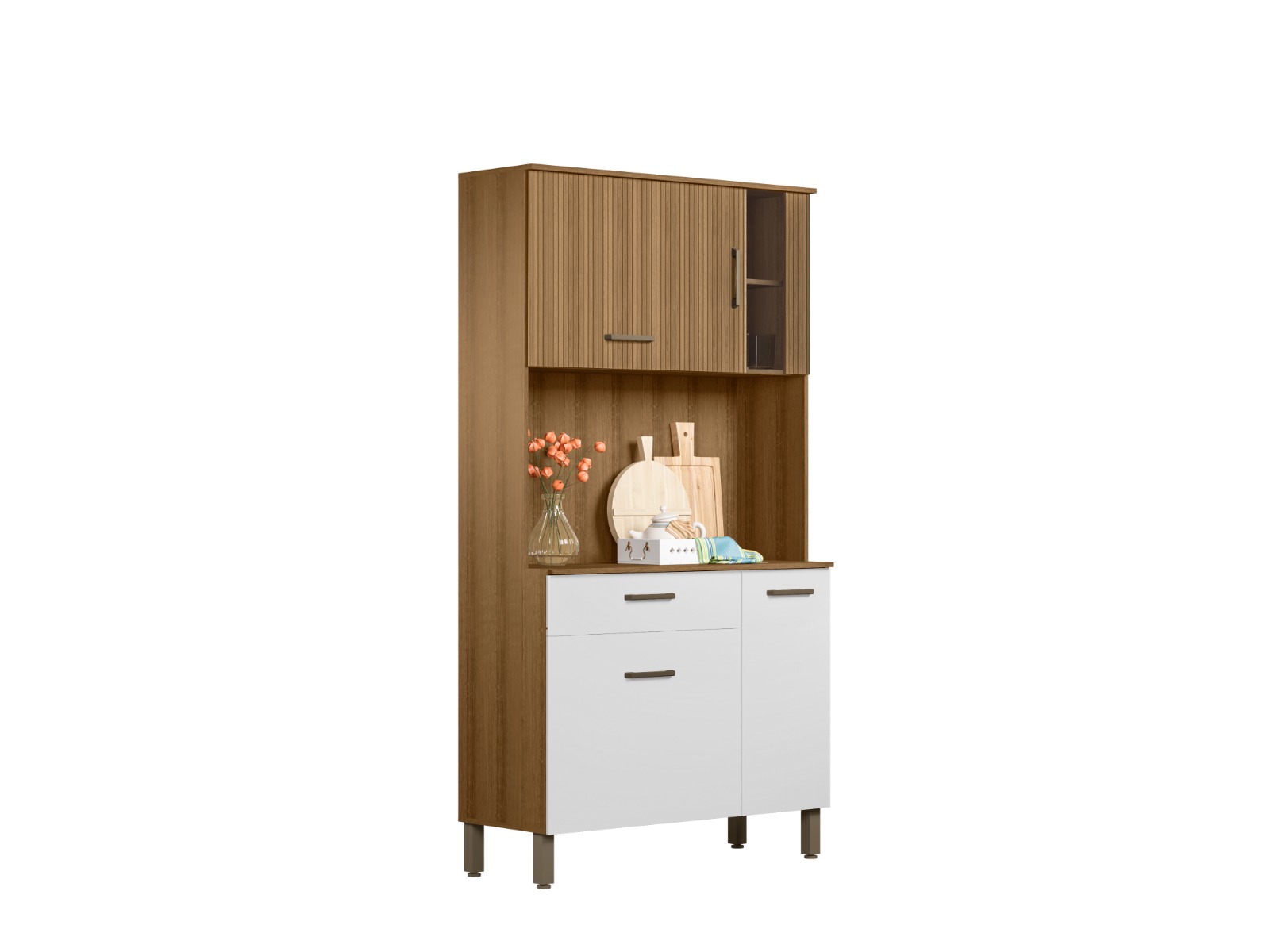 Armário De Cozinha Multiuso Branco Espaçoso Com 4 Portas e Cristaleira Luxo Vp