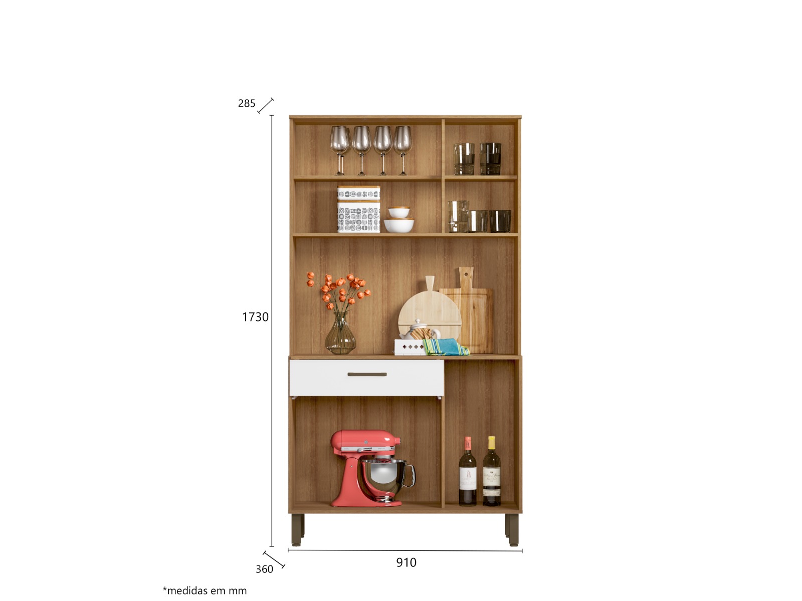 Armário De Cozinha Multiuso Branco Espaçoso Com 4 Portas e Cristaleira Luxo Vp