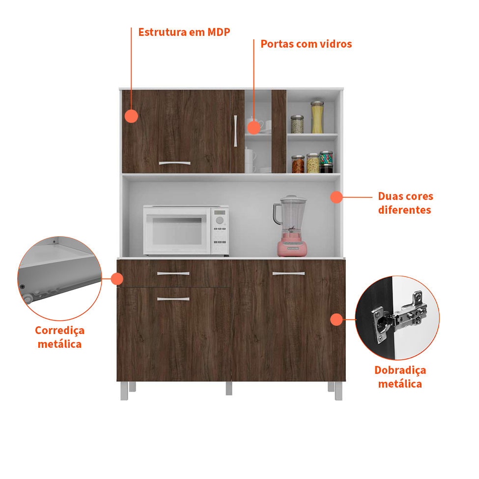 Cozinha Compacta Viena II 4 Portas 1 Gaveta Branco e Carvalho