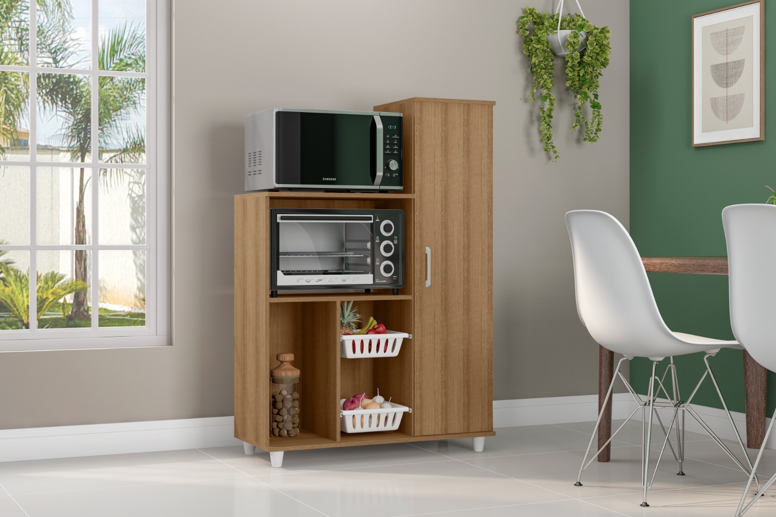 Fruteira Multiuso Marrom Para Cozinha Espaçosa com 1 Porta Balcão Para Micro-ondas E Forno An