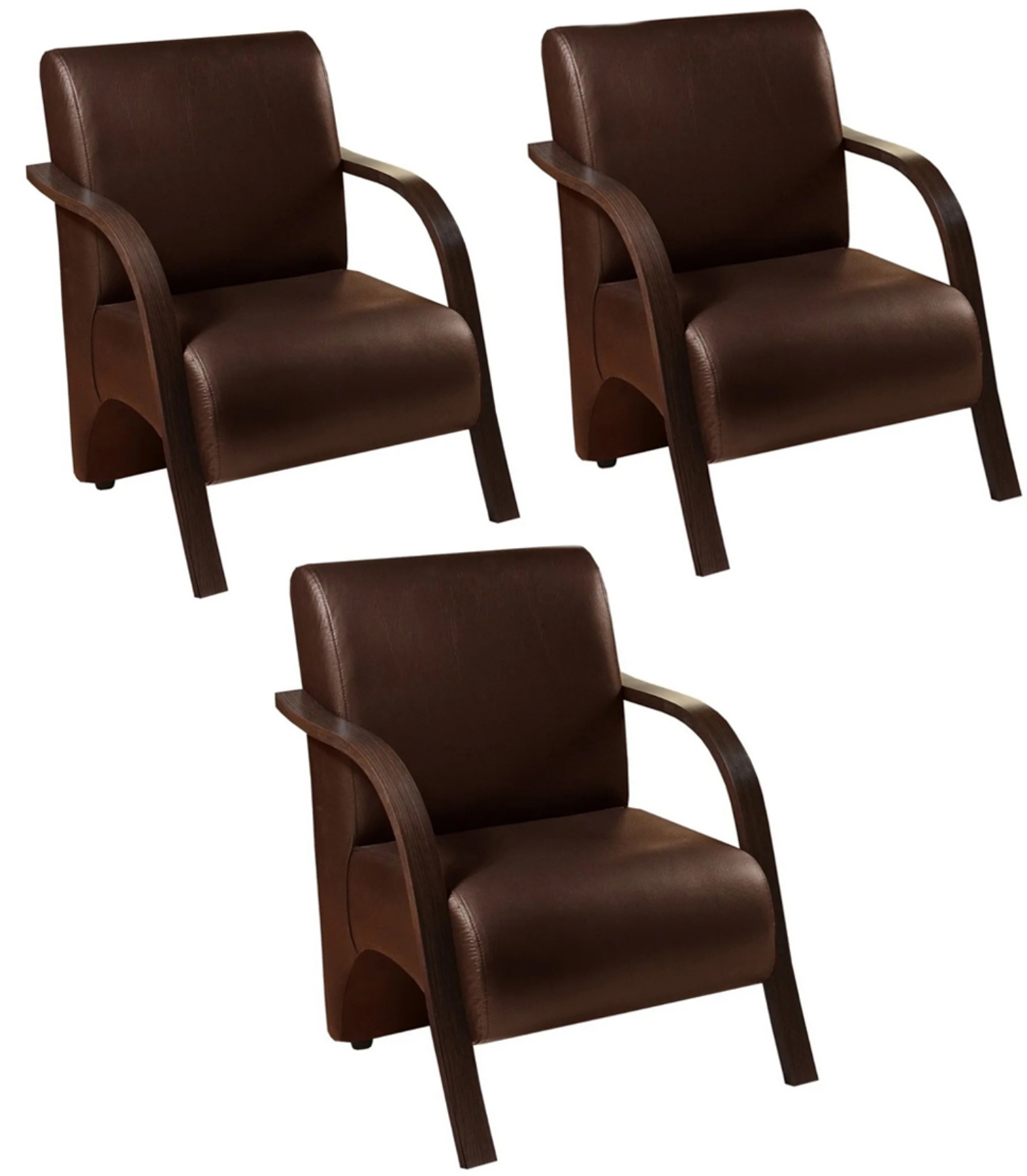 Kit 3 Poltronas Para Sala de Espera Recepção Marrom Em Courino Com Braços de Madeira Decorativa Confortável Até 120 kg - PCM