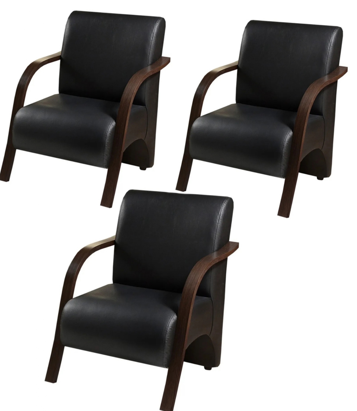 Kit 3 Poltronas Para Sala de Espera Recepção Preto Em Courino Com Braços de Madeira Decorativa Confortável Até 120 kg - PCM