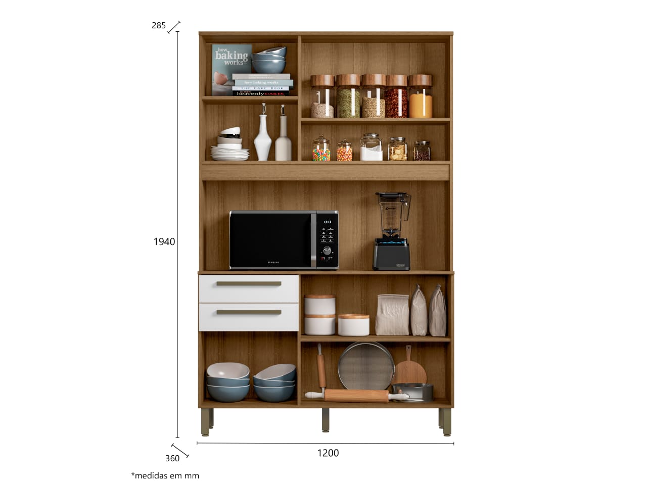 Kit Armário De Cozinha Compacta Branco Multiuso Espaçoso Com 5 Portas 2 Gavetas 1,20 Luxo Pm