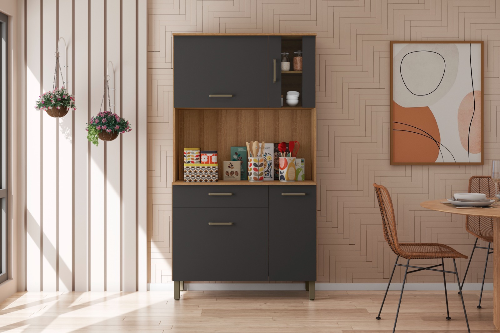 Kit Armário De Cozinha Compacta Grafite Viena Plus Com 4 Portas e 1 Gaveta Vp