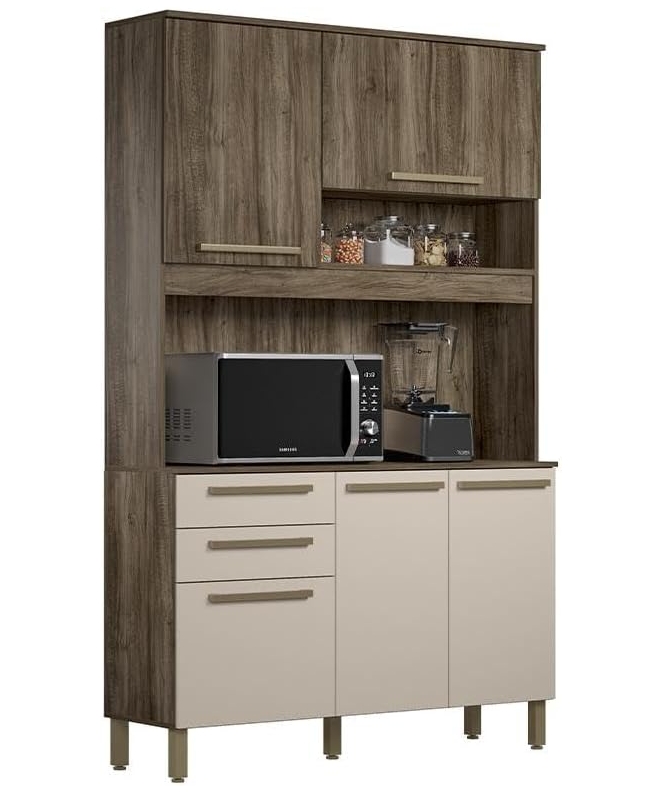 Kit Armário De Cozinha Compacta Preto com Marrom Multiuso Espaçoso Com 5 Portas 2 Gavetas 1,20 Luxo Pm