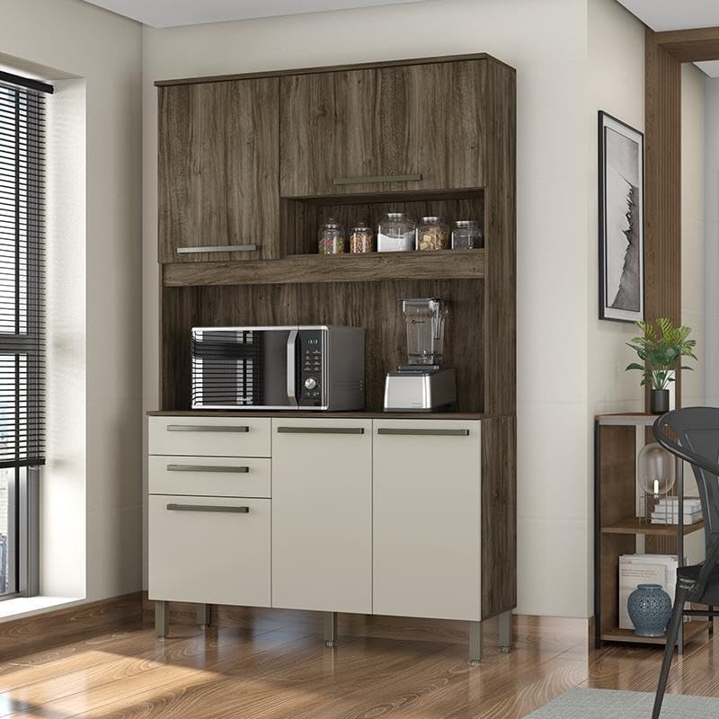 Kit Armário De Cozinha Compacta Preto com Marrom Multiuso Espaçoso Com 5 Portas 2 Gavetas 1,20 Luxo Pm