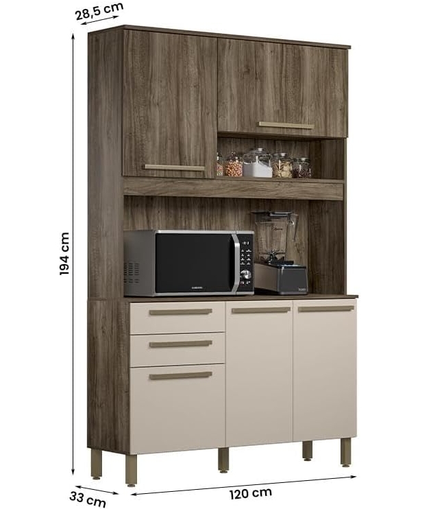 Kit Armário De Cozinha Compacta Preto com Marrom Multiuso Espaçoso Com 5 Portas 2 Gavetas 1,20 Luxo Pm