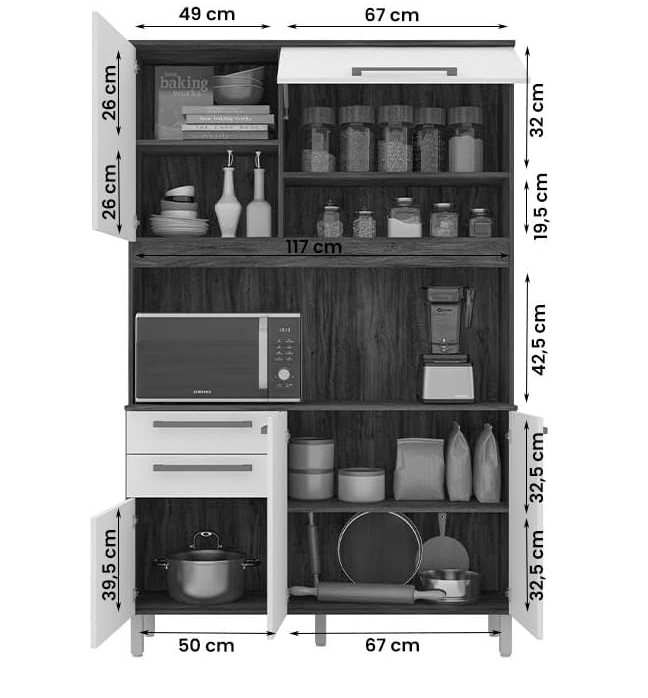 Kit Armário De Cozinha Compacta Preto com Marrom Multiuso Espaçoso Com 5 Portas 2 Gavetas 1,20 Luxo Pm