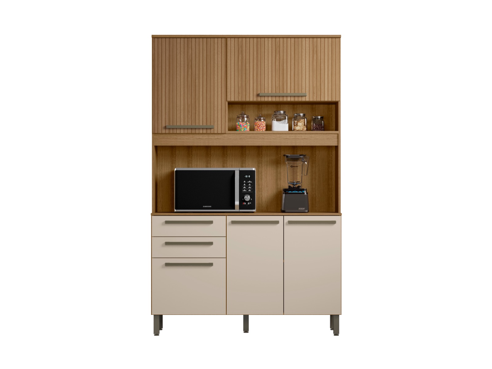 Kit Armário De Cozinha Compacta Ripado Arenas Multiuso Espaçoso Com 5 Portas 2 Gavetas 1,20 Luxo Pm