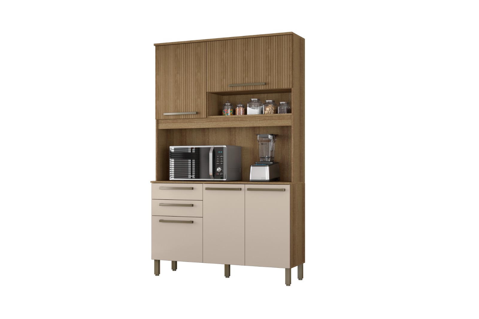 Kit Armário De Cozinha Compacta Ripado Arenas Multiuso Espaçoso Com 5 Portas 2 Gavetas 1,20 Luxo Pm