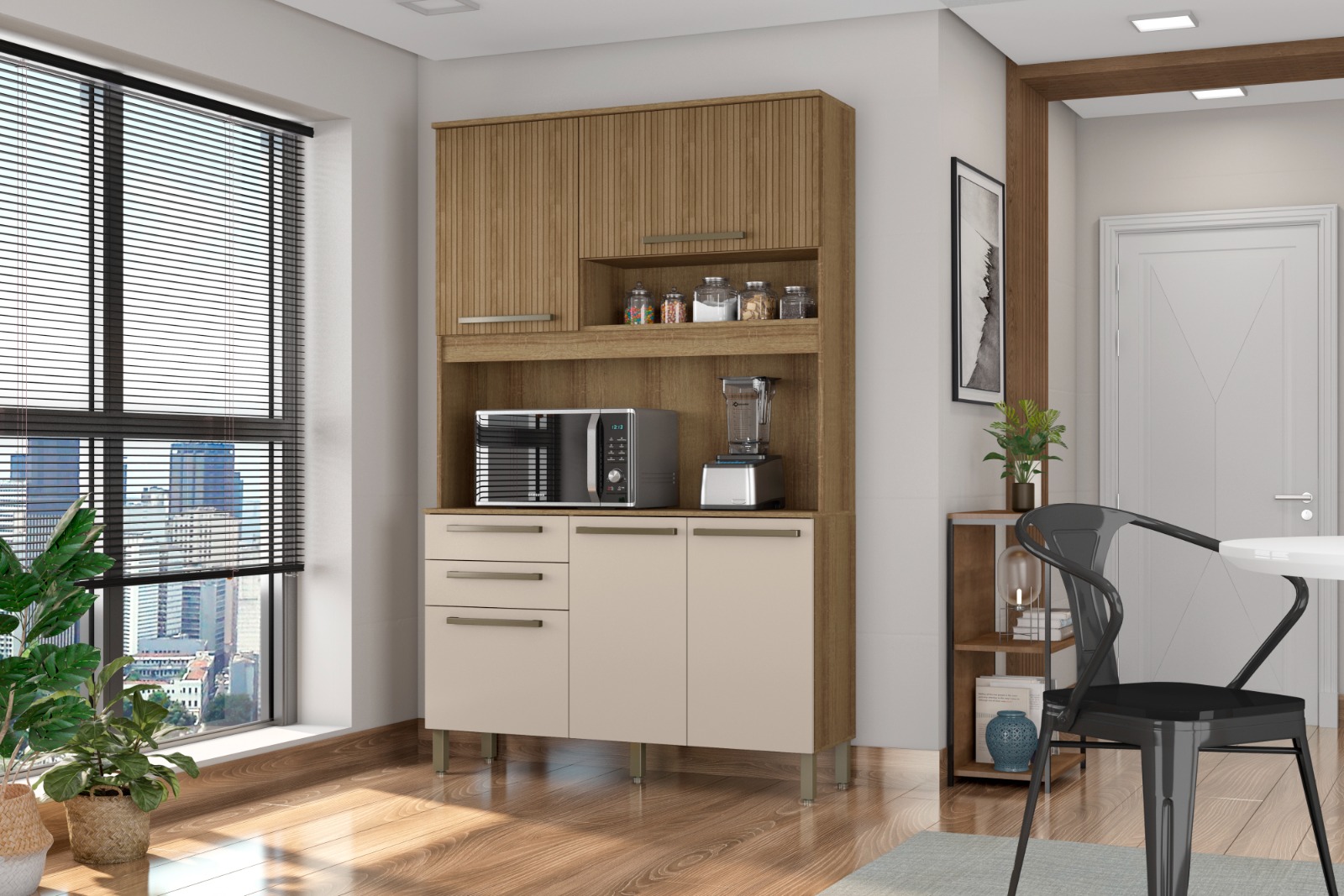 Kit Armário De Cozinha Compacta Ripado Arenas Multiuso Espaçoso Com 5 Portas 2 Gavetas 1,20 Luxo Pm