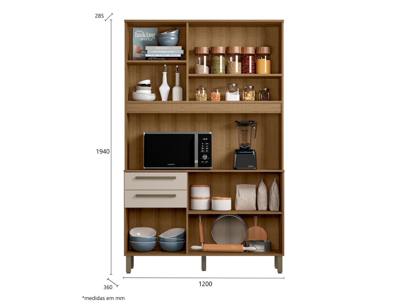 Kit Armário De Cozinha Compacta Ripado Arenas Multiuso Espaçoso Com 5 Portas 2 Gavetas 1,20 Luxo Pm