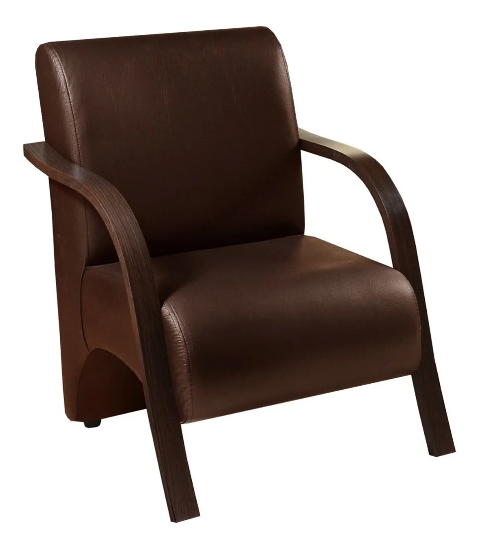 Poltrona Para Sala de Espera Recepção Marrom Em Courino Com Braços de Madeira Decorativa Confortável Até 120 kg - PCM