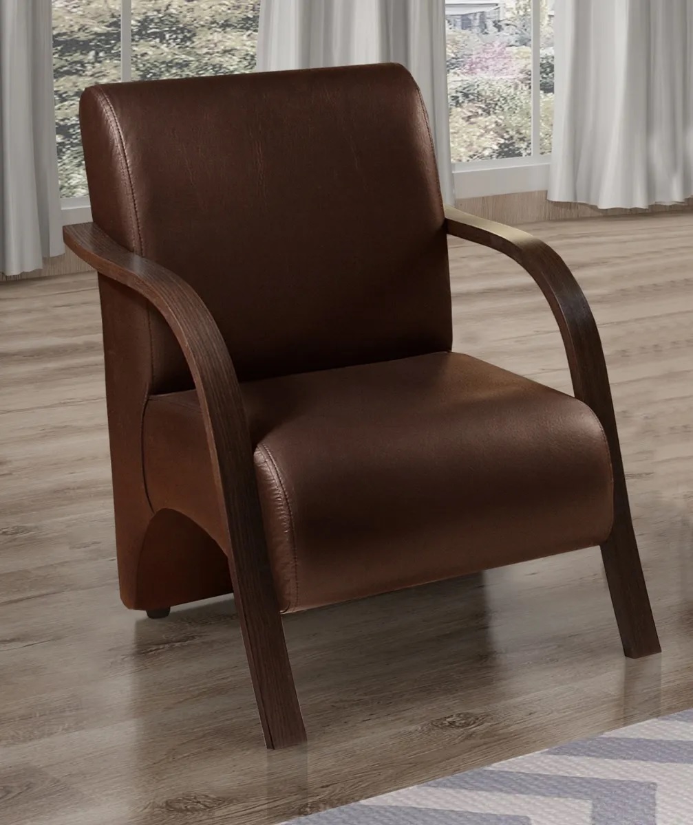Poltrona Para Sala de Espera Recepção Marrom Em Courino Com Braços de Madeira Decorativa Confortável Até 120 kg - PCM