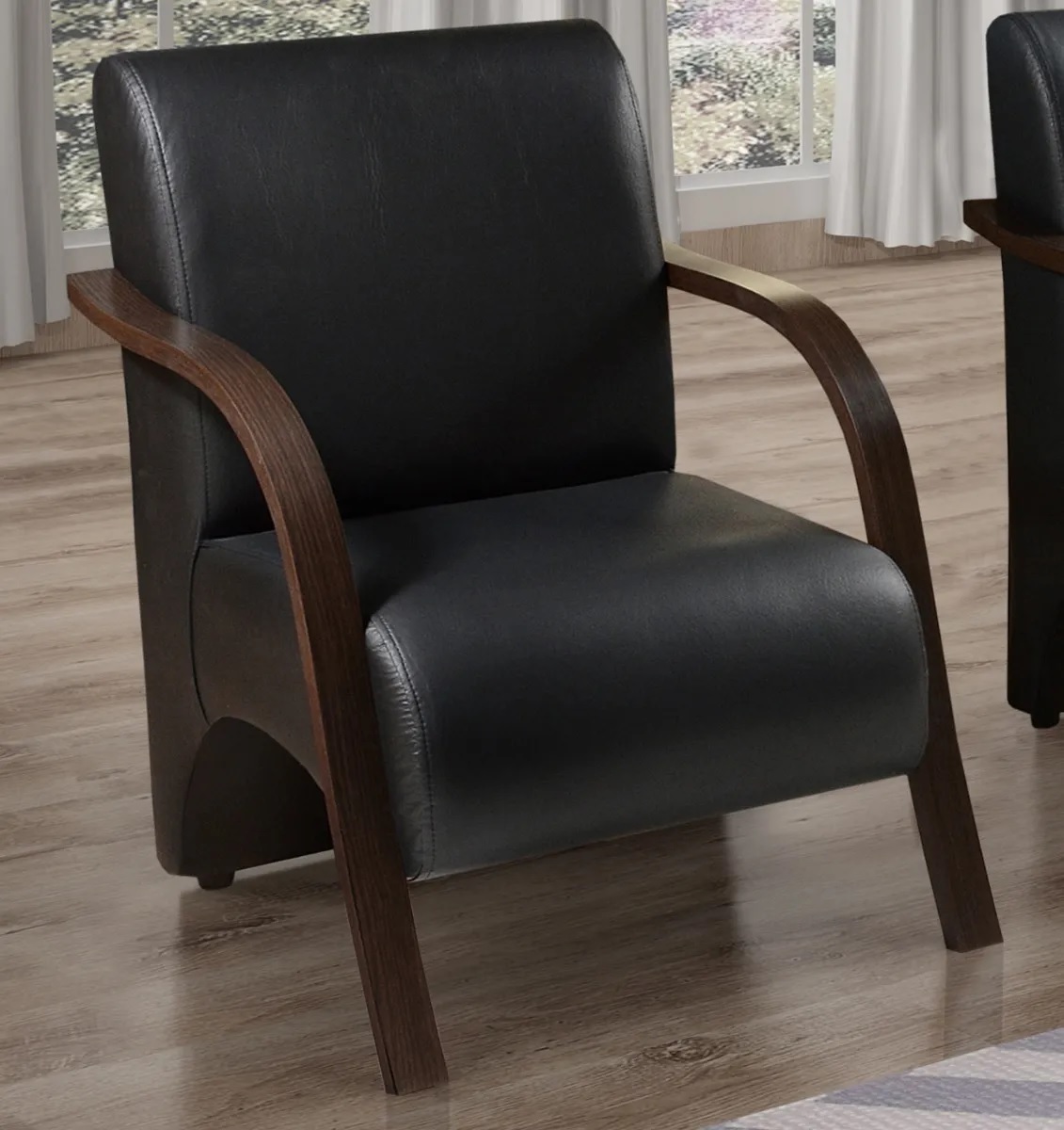 Poltrona Para Sala de Espera Recepção Preta Em Courino Com Braços de Madeira Decorativa Confortável Até 120 kg - PCM