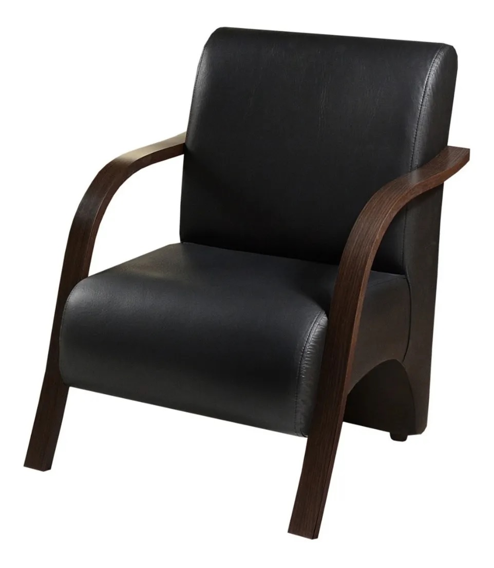 Poltrona Para Sala de Espera Recepção Preta Em Courino Com Braços de Madeira Decorativa Confortável Até 120 kg - PCM