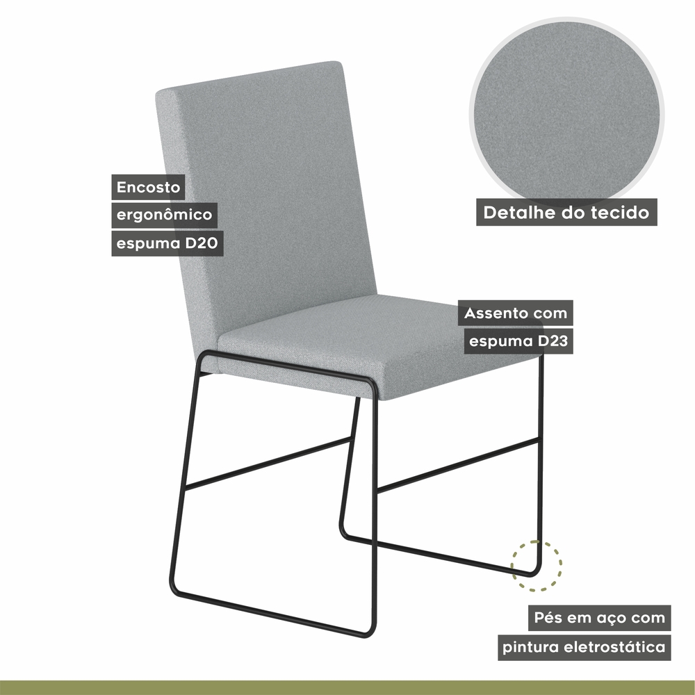 Conjunto Sala de Jantar Mesa 110cm Mdf Bp com 4 Cadeiras Dubai Mais Decor Linho Cinza Claro/Preto Fosco/Siena