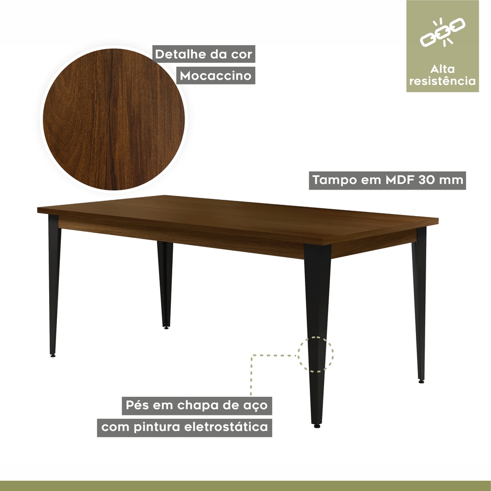 Conjunto Sala de Jantar Mesa Espanha 180cm com 6 Cadeiras em Aço e Junco Madri Mais Decor Courissimo Marrom/Mocaccino/Grafite/Junco Carvalho