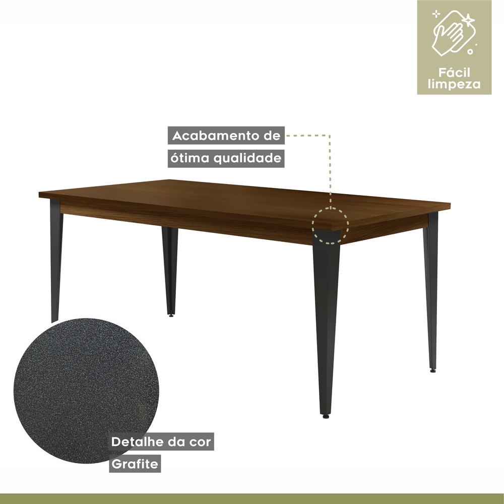 Conjunto Sala de Jantar Mesa Espanha 180cm com 6 Cadeiras em Aço e Junco Madri Mais Decor Courissimo Marrom/Mocaccino/Grafite/Junco Carvalho