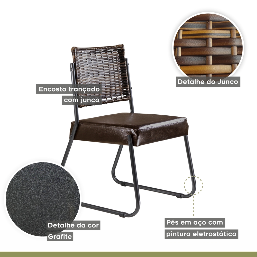 Conjunto Sala de Jantar Mesa Espanha 180cm com 6 Cadeiras em Aço e Junco Madri Mais Decor Courissimo Marrom/Mocaccino/Grafite/Junco Carvalho