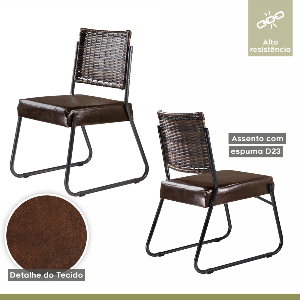 Conjunto Sala de Jantar Mesa Espanha 180cm com 6 Cadeiras em Aço e Junco Madri Mais Decor Courissimo Marrom/Mocaccino/Grafite/Junco Carvalho