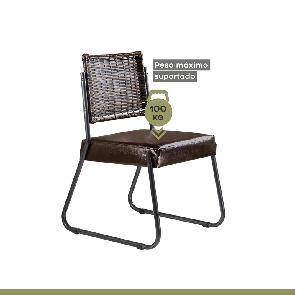 Conjunto Sala de Jantar Mesa Espanha 180cm com 6 Cadeiras em Aço e Junco Madri Mais Decor Courissimo Marrom/Mocaccino/Grafite/Junco Carvalho